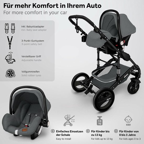 KIDUKU- 3 in 1 combi-kinderwagen- antraciet/zwart buggy incl. autostoeltje-regenhoes- inklapbaar van KIDUKU — afbeelding 3