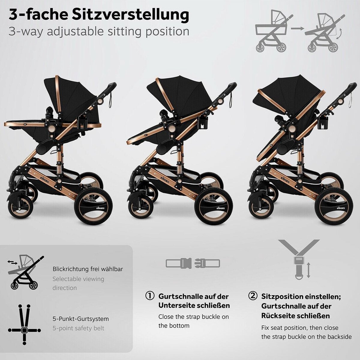KIDUKU 3 in 1 Combi-Kinderwagen Zwart/Goud Inklapbaar - afbeelding 2