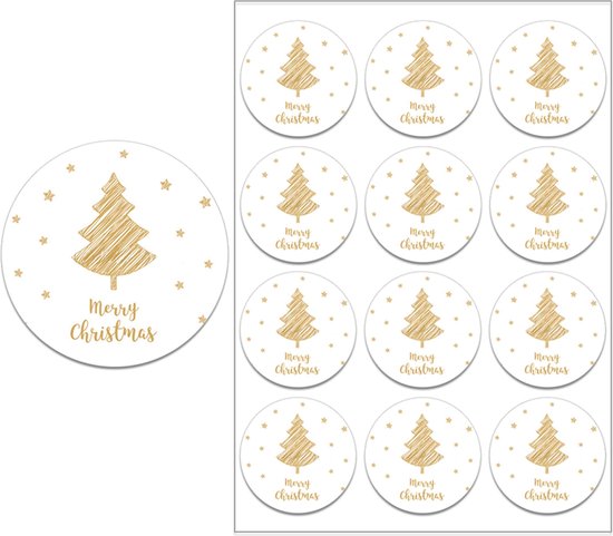 Sluitsticker - Sluitzegel –  Merry Christmas / Kerstboom / Sterretjes / Ster | Wit – Bruin | Winter - Kerst - Feestdagen - Sinterklaas | Envelop – Cadeau – Cadeauzakje – Gift | Luxe verpakken | DH Collection