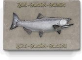 zalm op soft taupe achtergrond  - niet van echt te onderscheiden schilderijtje op hout - zalm in 6 talen -  Laqueprint