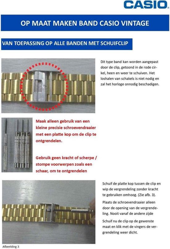 Instructies voor het aanpassen van de band van een Casio Vintage horloge met een schuifclip.