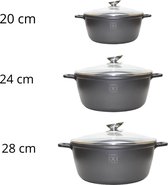 Kookkunst Holland 3 delige Ø 20, 24 & 28 cm braadpannen set zwart met glazen deksel - inductie - antikleefpan - marmeren coating - anti-aanbaklaag