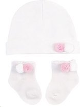 Soft Touch - Baby Geschenkset - Muts & Sokjes met Pompoms - Wit - Mt 50/56