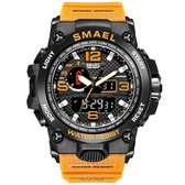 Heren Horloge Zwart met Oranje rubber band en Oranje details | Smael | Waterdicht |Glow in dark | Mud Master | Leger | Grof | Licht | Rubberen band | Timer | Eyecatcher | Master|