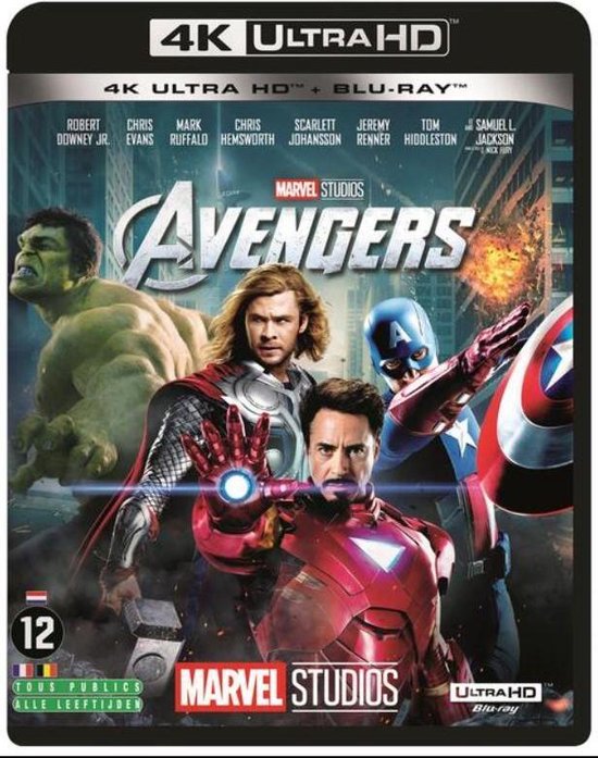 De Avengers, met Iron Man, Captain America, Thor, Hulk, Black Widow en Hawkeye, staan tegenover een dreiging.