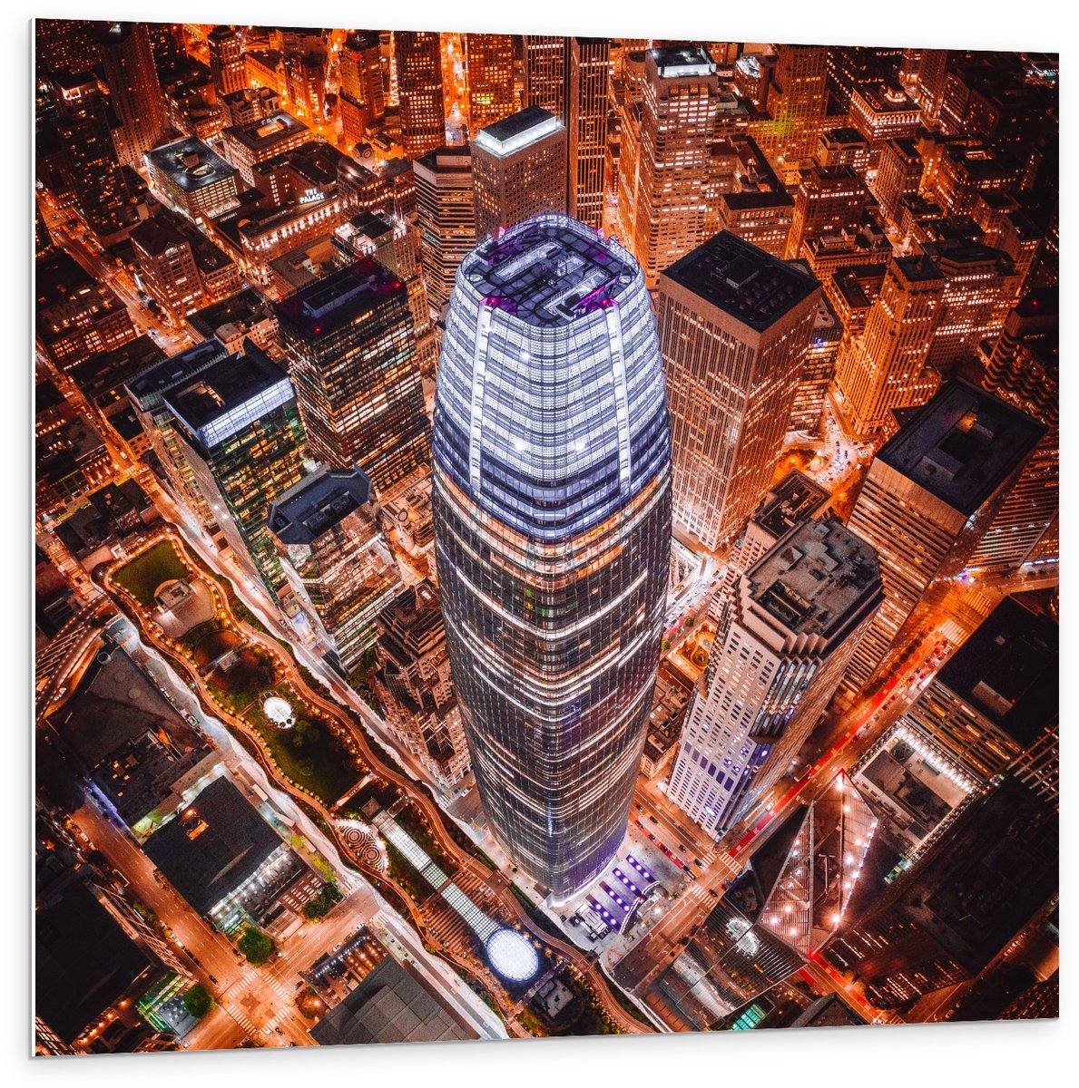 KuijsFotoprint Forex - Salesforce Tower Verlichting - San Francisco - 100x100cm Foto op Forex Blauw