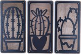 Houten Wanddecoratie Cactussen-Muurdecoratie-Wandpaneel- Metaal look-Set van 3-Zelfklevend-Hout-Zwart