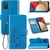 Voor Samsung Galaxy A03s Vierbladige sluiting Reliëfgesp Mobiele telefoonbescherming Lederen tas met Lanyard & kaartsleuf & portemonnee & beugelfunctie (blauw)