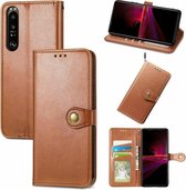 Voor Sony Xperia 1 III Effen Kleur Lederen Gesp Telefoon Case met Lanyard & Fotolijst & Kaartsleuf & Portemonnee & Stand Functie (Bruin)