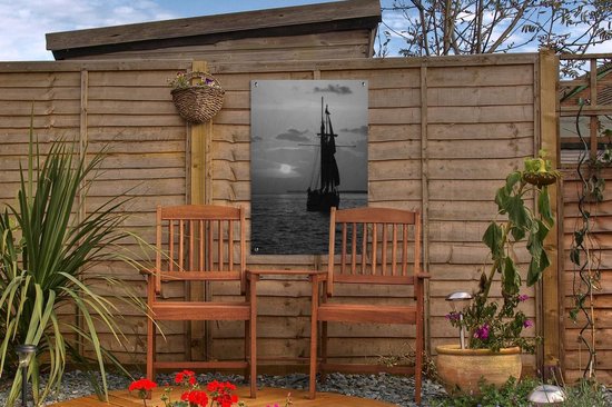 Décoration de jardin Bateau sur l'eau au coucher du soleil à Key West - noir et blanc - 40x60 cm - Poster jardin - Toile jardin - Poster extérieur
