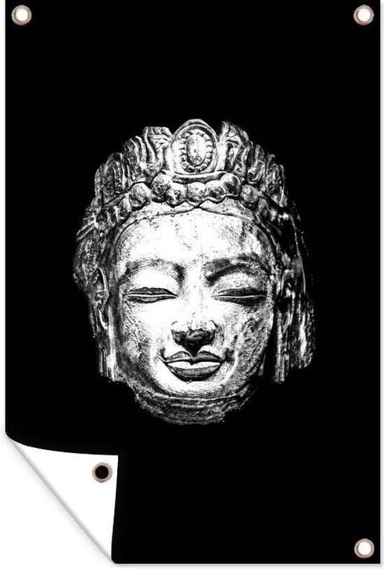 Muurdecoratie Hoofd van een gouden Boeddha - zwart wit - 120x180 cm - Tuinposter - Tuindoek - Buitenposter