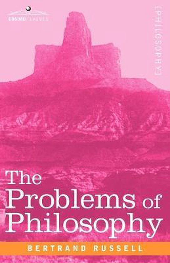 Boekomslag van 'The Problems of Philosophy' door Bertrand Russell met roze rotsformatie en witte tekst.