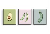 Poster Set 3 Advocado Boontjes Courget Groente / Fruit Poster Handgetekend - Keuken - Muurdecoratie - 40x30cm - PosterCity