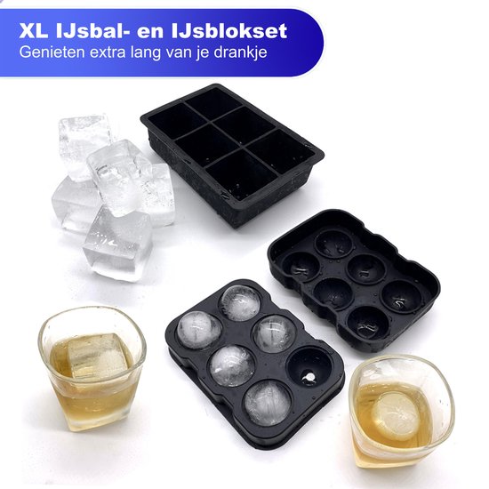 BECIO IJsblokjesvorm – 6 XL IJsballen en 6 IJsblokken – Luxe IJsblokvormen met Deksel Trechter en E-Book – Whiskey Ice Cube Tray – Siliconen – Zwart - BECIO