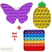 ESSENTIALS73 Fidget Pop IT Set van 3: Vlinder XL + Ananas + Vierkant Rainbow - TikTok - Regenboog - Pineapple