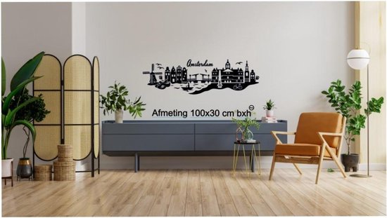Sticker Muursticker Skyline Amsterdam Fenêtre Sticker Salon Sticker Villes Moulin à Vent Hollandais Sabots Tulipes Décoration Murale Zwart 100x30cm LxH