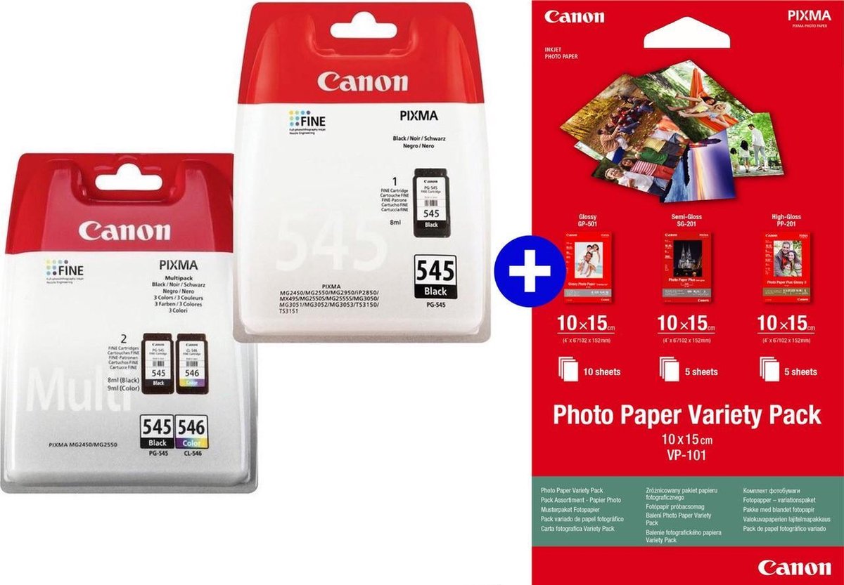 Canon PG-545 & CL-546 - Inktcartridge - 2x Zwart / 1x Kleur - Incl. Canon Fotopapier