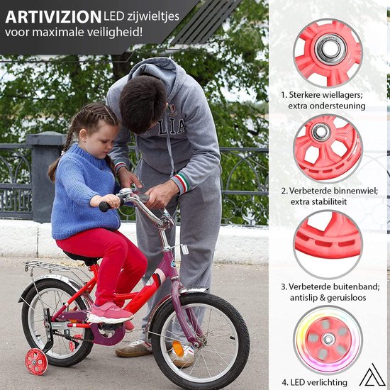 ARTIVIZION Universele Zijwieltjes - Incl. Installatie Set - Led Lichtjes - Kinderfietsaccessoires - Extra Ondersteuning en Stabiliteit - Geschikt voor 12/14/16/18/20 Inch Kinderfiets - Jongens en Meisjes - Rood van ARTIVIZION — afbeelding 2