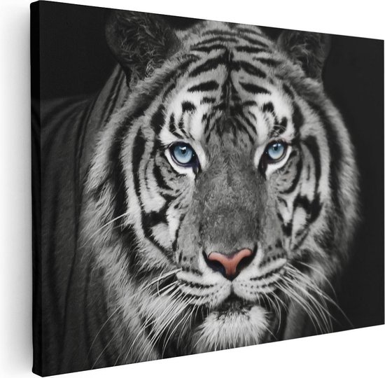 Artaza Peinture Sur Toile Tête De Tigre Aux Yeux Bleus - Zwart Wit - 40x30 - Klein - Tableau Sur Toile - Impression Sur Toile