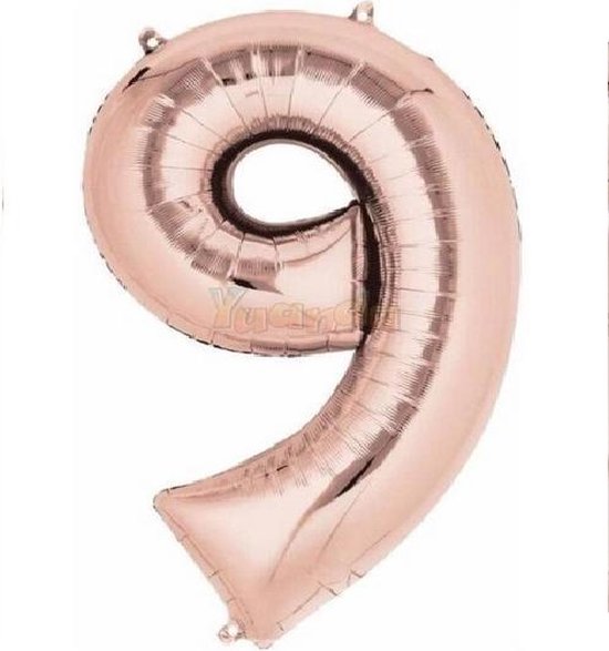 9 Jaar Folie Ballonnen Rosé Goud - Happy Birthday - Foil Balloon - Versiering - Verjaardag - Jongen / Meisje- Feest - Inclusief Opblaas Stokje & Clip - XXL - 115 cm