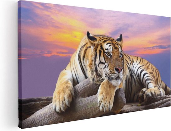 Artaza Canvas Schilderij Tijger Tijdens Zonsondergang - 120x60 - Groot - Foto Op Canvas - Canvas Print