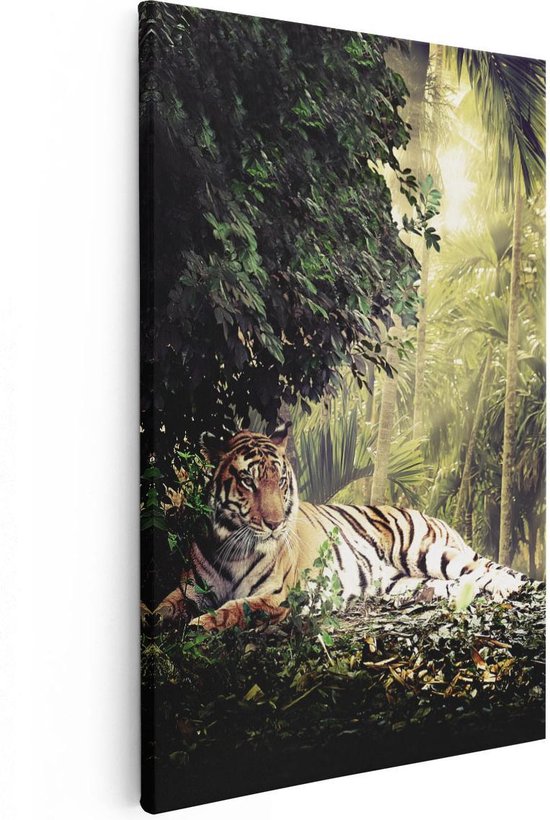 Artaza Canvas Schilderij Tijger In De Jungle Met Zonneschijn - 60x90 - Foto Op Canvas - Canvas Print