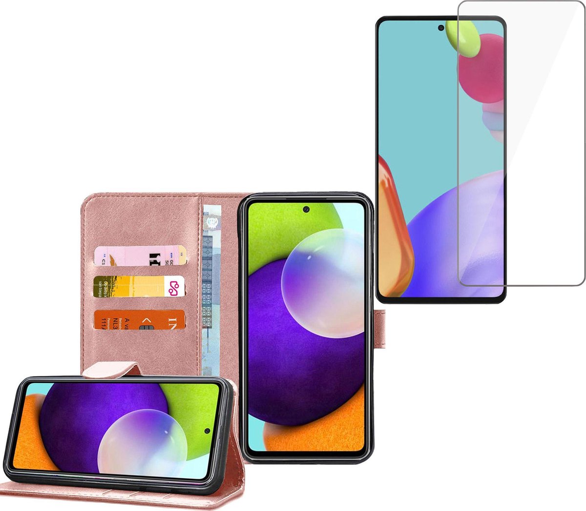 Hoesje geschikt voor Samsung Galaxy A52 / A52s - Screenprotector Glas - Book Case Portemonnee Hoesje Roségoud