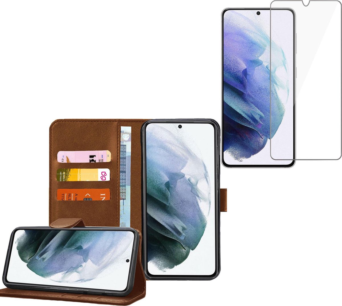 Hoesje geschikt voor Samsung Galaxy S21 FE - Screenprotector Glas - Book Case Portemonnee Hoesje Bruin