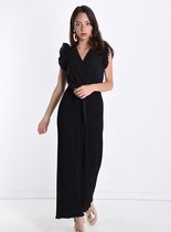 Jumpsuit Plisse Broek, Overslag Top, met Ceintuur, Zwart
