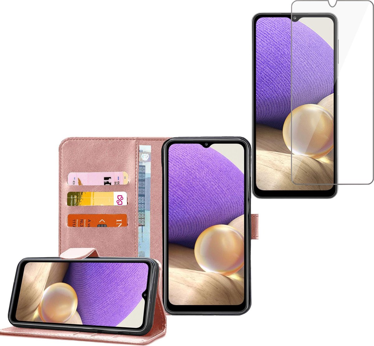 Hoesje geschikt voor Samsung Galaxy A32 5G - Screenprotector Glas - Book Case Portemonnee Hoesje Roségoud