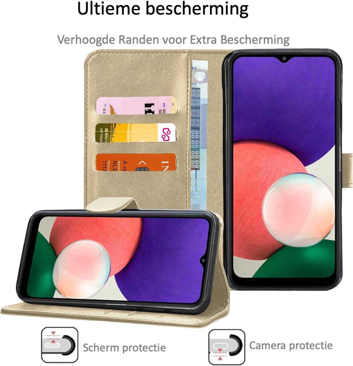 Hoesje geschikt voor Samsung Galaxy A22 5G - Screenprotector Glas - Book Case Portemonnee Hoesje Goud