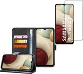 Hoesje geschikt voor Samsung Galaxy A12 - Screenprotector Glas - Book Case Portemonnee Hoesje Zwart