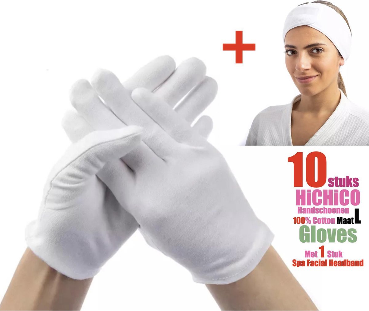 10 Stuks Witte katoenen Handschoen + 1 Stuks Haarband Met Magische Tape – 5 Pairs Soft Cotton Gloves Coin Jewelry Silver Inspection Gloves Stretchable Lining Glove / Headband - Gloves 100% Cotton Maat L
