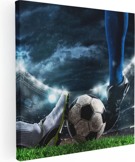 Artaza Canvas Schilderij Voetbal Sliding Op De Bal In Het Stadion - 70x70 - Foto Op Canvas - Canvas Print