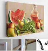 Itsallcanvas - Schilderij - Still Life With Peach And Watermelon. Oil On Art Horizontal Horizontal - Multicolor - 75 X 115 Cm