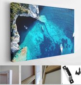Aerial drone bird's eye view of sailing boats moored in tropical caribbean paradise bay with white rock caves and turquoise clear sea - Modern Art Canvas - Horizontal - 1166039707