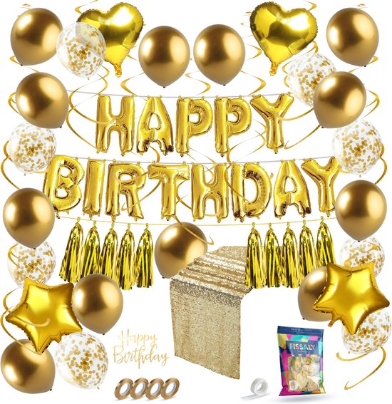 Fissaly 45 Stuks Gouden Verjaardag Decoratie Versiering met Ballonnen –Happy Birthday Party - Feestartikelen Goud – Feest - Helium - Fissaly