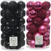 74x stuks kunststof kerstballen mix zwart en fuchsia roze 6 cm