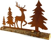 Rustige rendier op houten balk van WDMT™ | 50 x 24 cm | Duurzame kerst decoratie | Roestige x-mas kerstbomen en rendier | Rustig