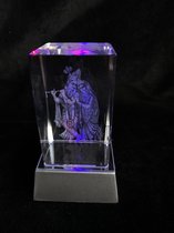 kristal glas laserblok met 3D afbeelding van Krishna en Radha 5x8cm Prachtig gedetailleerd uitgewerkt + verlichting