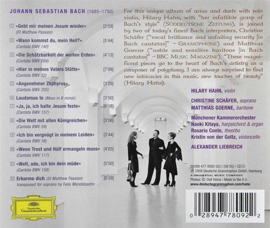 Achterkant van "Bach Violin and Voice" CD met tracklist, artiesten en foto van de artiesten.