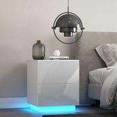Ladenkast Met LED - Slaapkamer - Hoogglans- Wit - 2 Lades - Nachtkast Met Aftstandsbediening