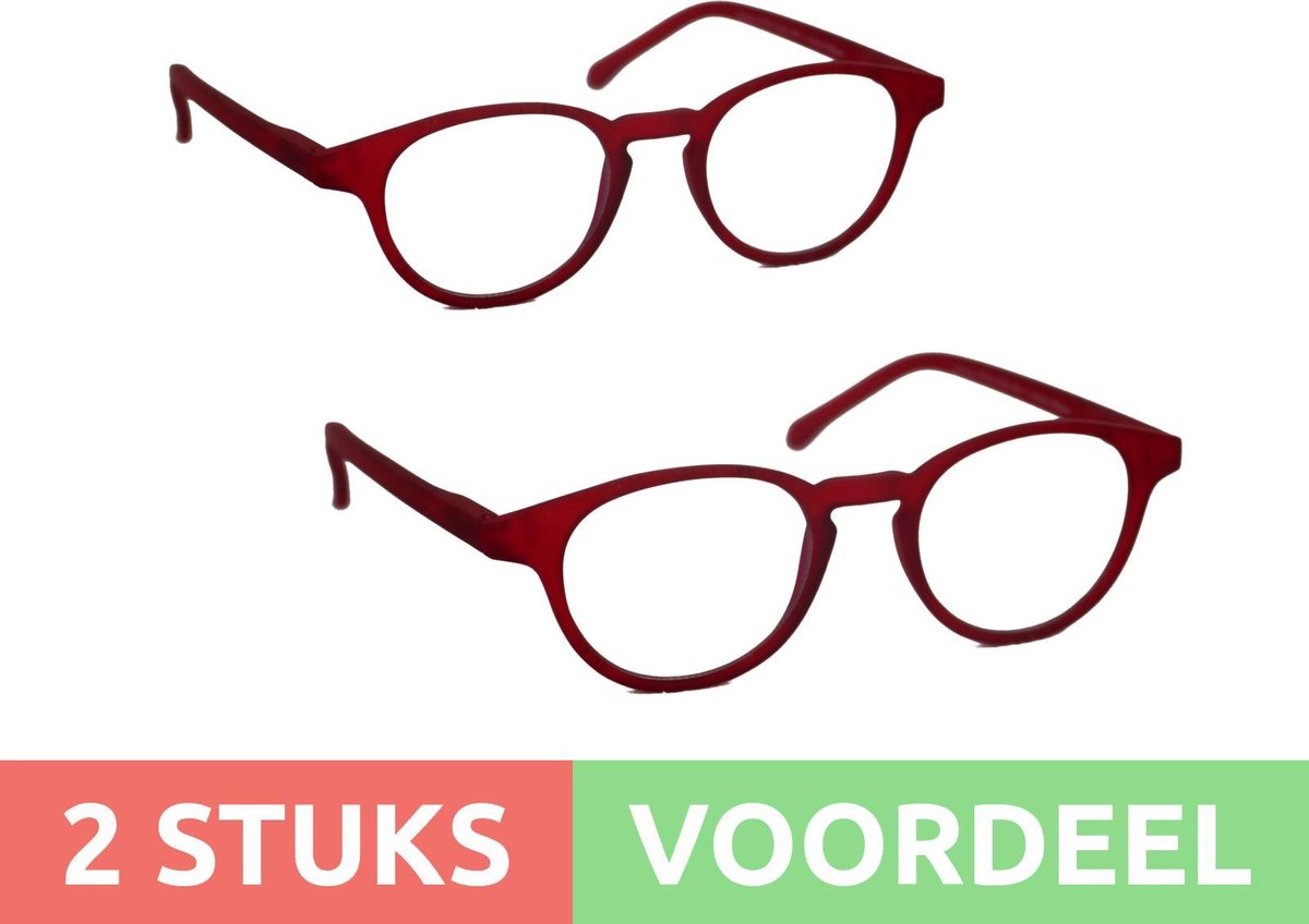 Computer bril - donkerrood rond sterkte +2.0 - 2 stuks - blauw licht filter - blue blocker leesbril