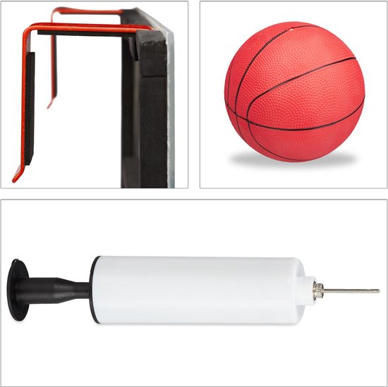 Set met mini basketbalbord, rode basketbal, pomp en ophanging voor de deur.