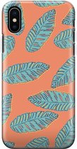 Apple iPhone X/10/XS Telefoonhoesje - Extra Stevig Hoesje - 2 lagen bescherming - Met Plantenprint - Tropische Blaadjes - Oranje
