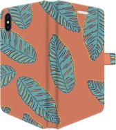 Apple iPhone X/10/XS Telefoonhoesje - Portemonneehoesje  - Met pasjeshouder - Met Plantenprint - Tropische Blaadjes - Oranje