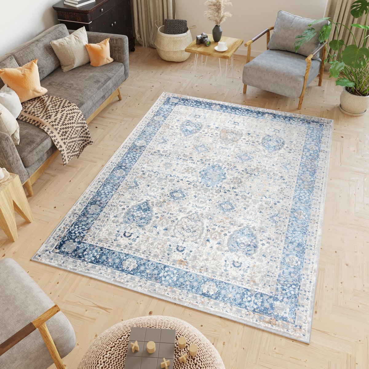 Tapiso Valley Vloerkleed Blauw Vintage Tapijten Woonkamer Maat- 140x200 Beige Blauw3