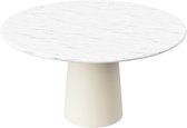 FLOW Ronde Eettafel - Carrara Wit Marmer (Beige Cilinder) - 160 x 160 x 76  - Gezoet Rond verjongd