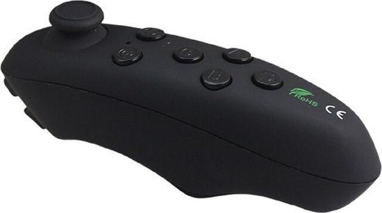 Zwarte VR-controller met joystick, knoppen en groene ROHS/CE-tekst.