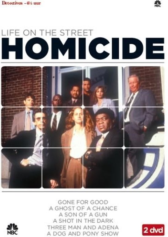 DVD-hoes voor Homicide: Life on the Street met de cast, inclusief teksten zoals 'Detectives - 4½ uur' en afleveringtitels.